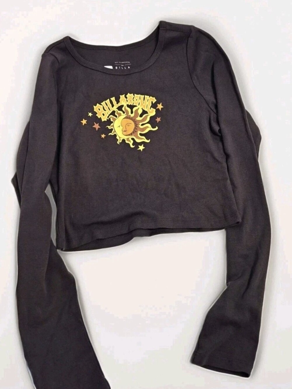Billabong Peace Cropped Graphic Tee L Slouchy Extended Sleeve Boho Goth Sun Moon